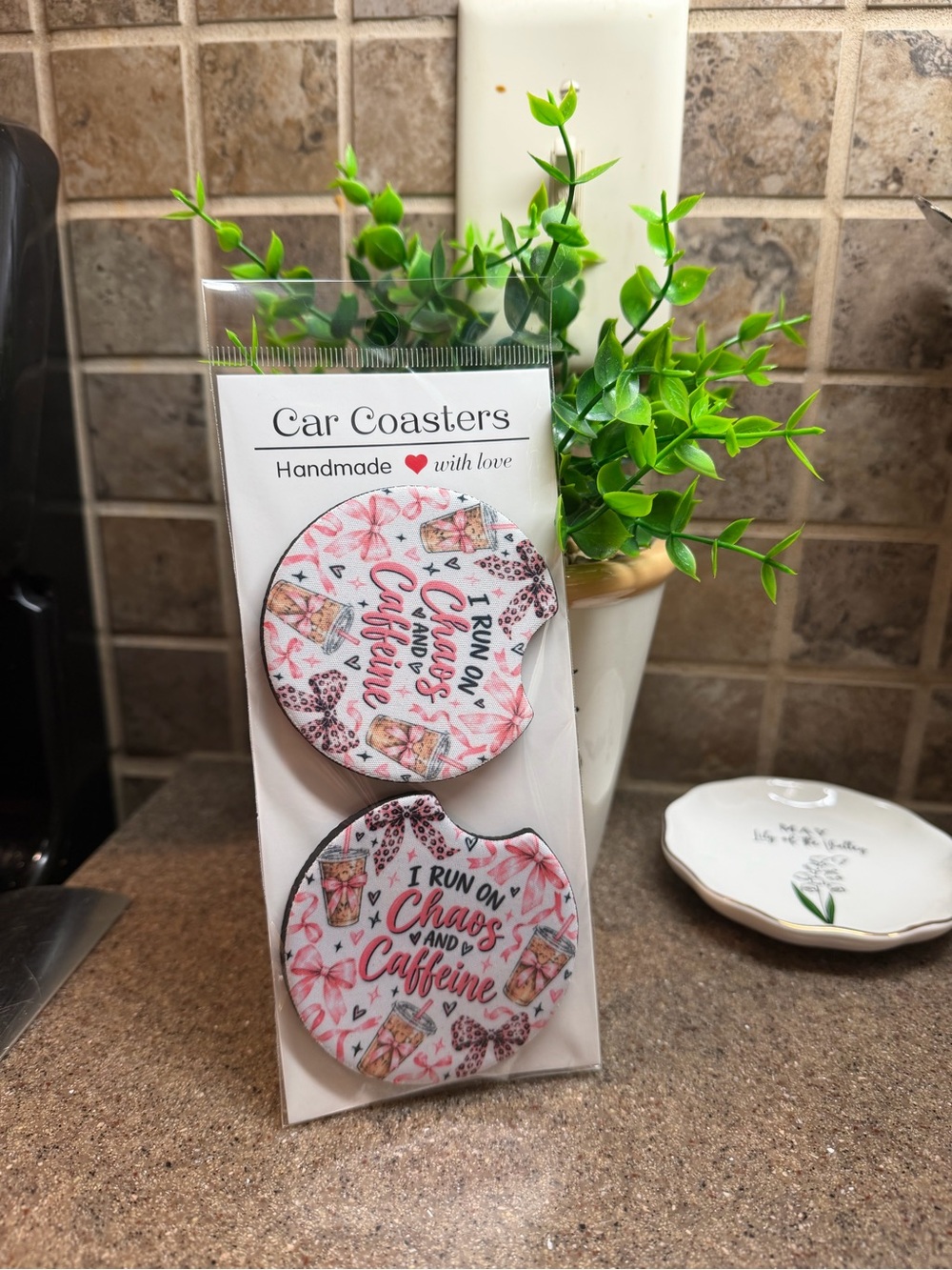 Handmade Pink 'Chaos and Caffeine' Car Coaster Set